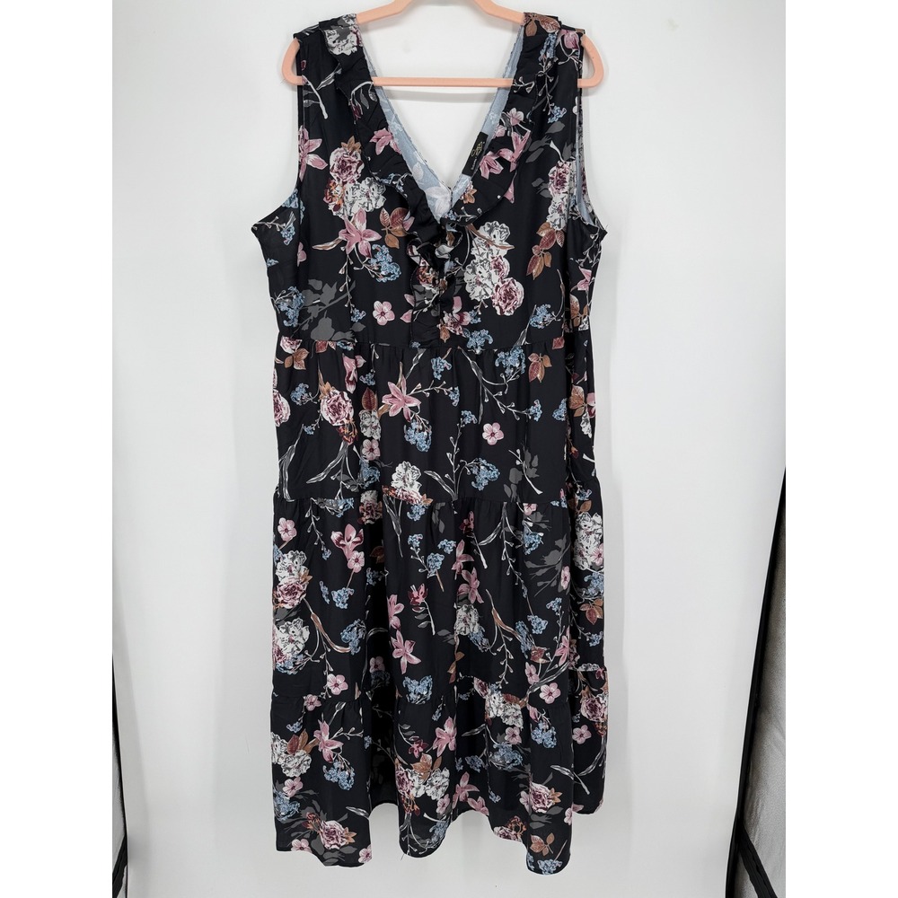 Suzanne Betro Dress Women 3X Black Floral Ruffle V-Neck Tiered Midi U0504303
